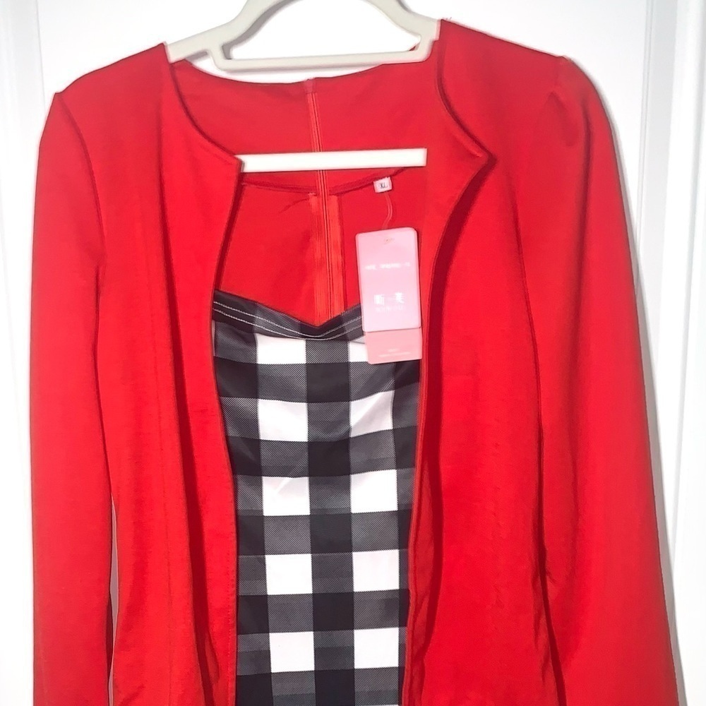 Xinfu Checkered Midi dress with attached Red jacket New size XL - Picture 2 of 6